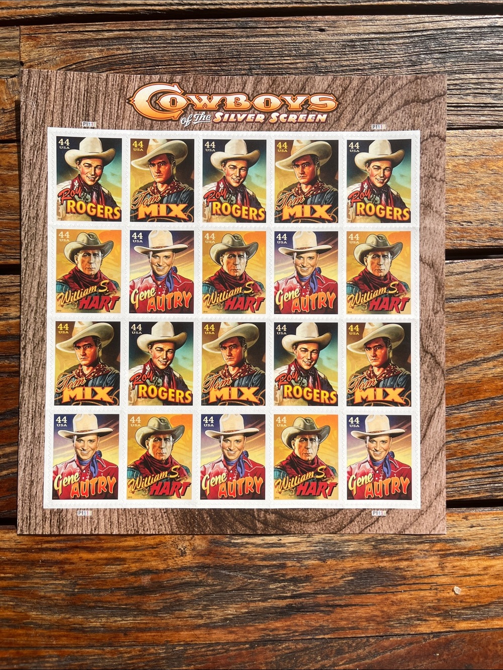 Cowboys of the Silver Screen Collectible Stamp Sheet — Brown & Multicolor